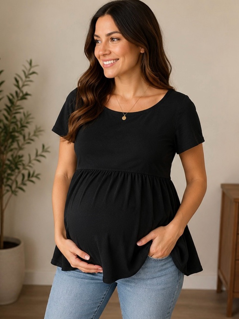 GAP Maternity Black Peplum Babydoll Top Size Medium Stretch Tee